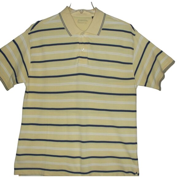 St John's Bay Polo Shirt Mens Large Yellow Blue White Striped Pique short sleeve - Picture 1 of 7